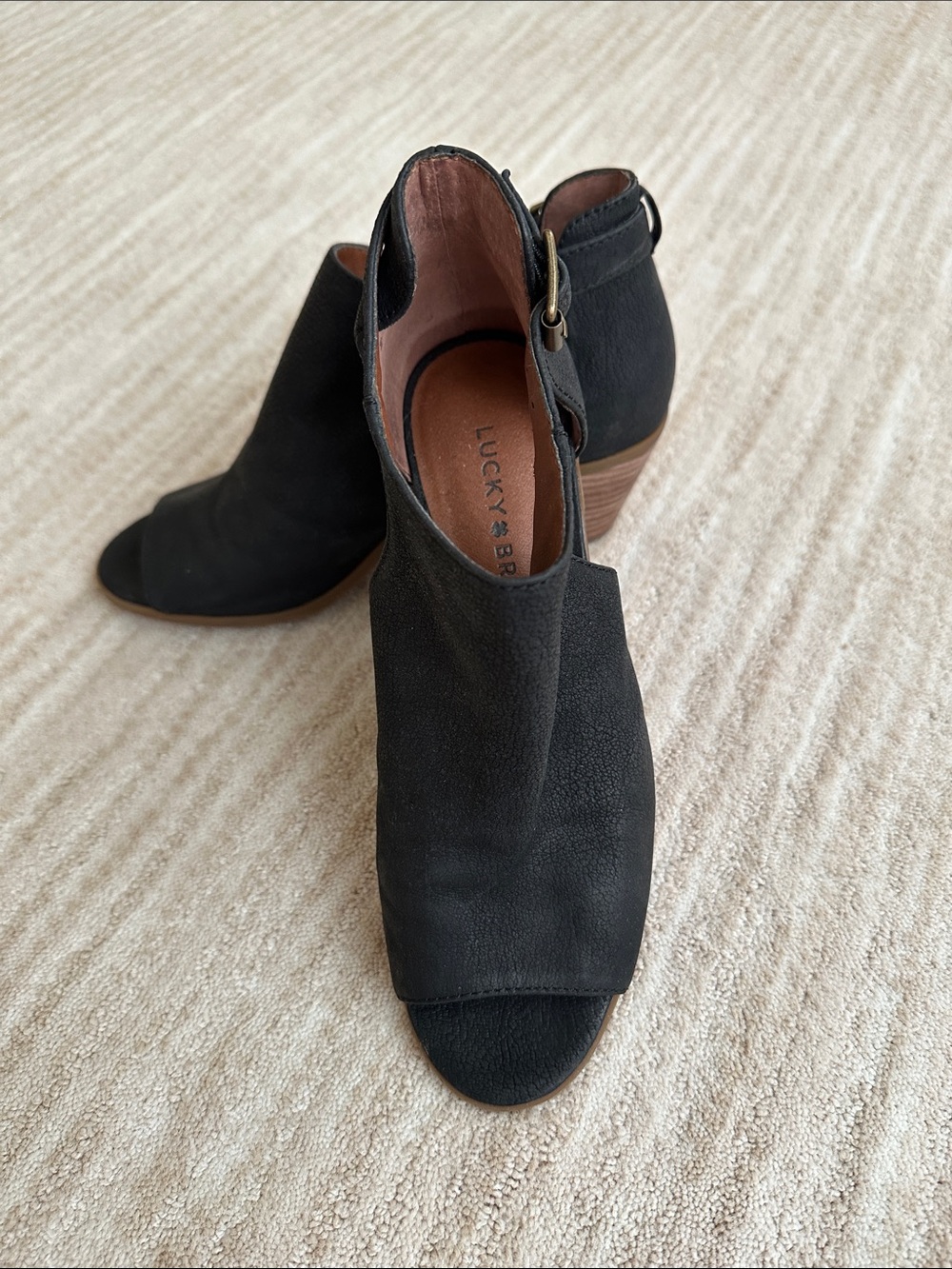 Lucky Brand Booties Barimo Ankle Booties Heel Black Leather Open Toe Size 7M